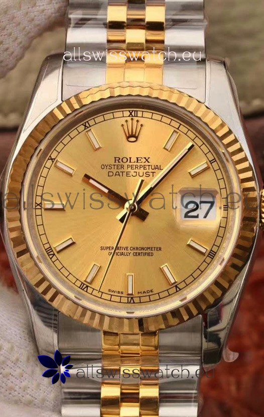 Rolex Datejust 36MM Cal.3135 Movement Swiss Replica Watch in 904L Steel Two Tone Casing Gold Dial