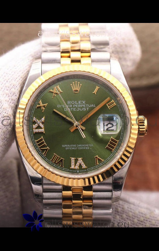 Rolex Datejust 36MM Cal.3135 Movement Swiss Replica Watch in 904L Steel Two Tone Casing Green Dial