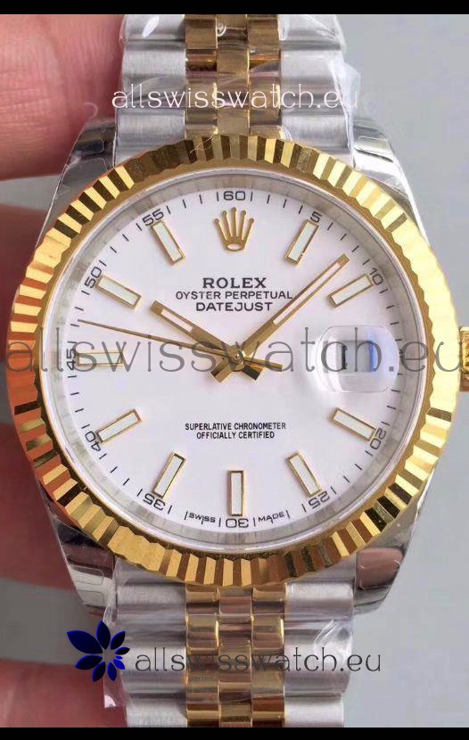 Rolex Datejust 41MM Cal.3135 Movement Swiss Replica Watch in 904L Steel Two Tone White Dial