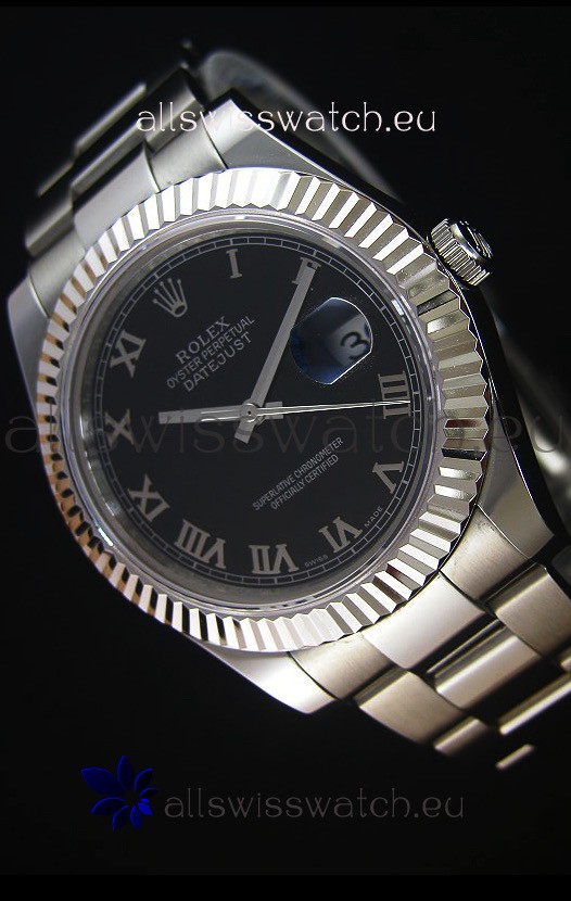 Rolex Datejust Japanese Replica Watch - Black Dial Roman Markers in 41MM with Oyster Strap