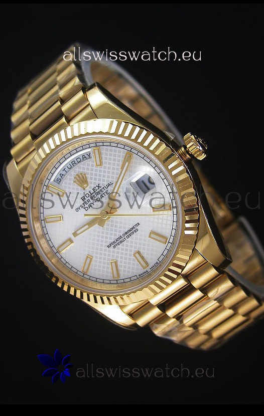 Rolex Day Date Japanese Replica Watch - Yellow Gold Casing in Steel Patterned Dial 40MM