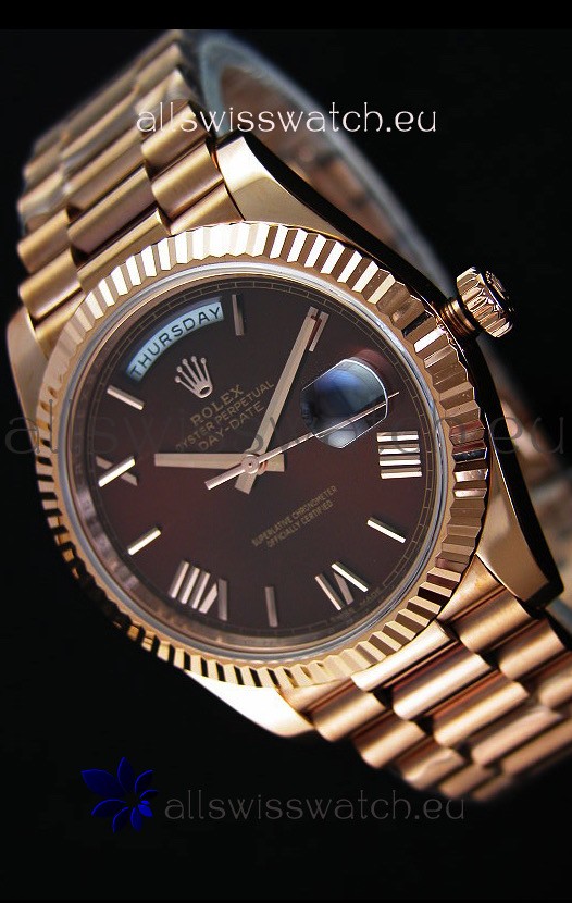 Rolex Day Date Japanese Replica Watch - Rose Gold Casing in Maroon Dial 40MM