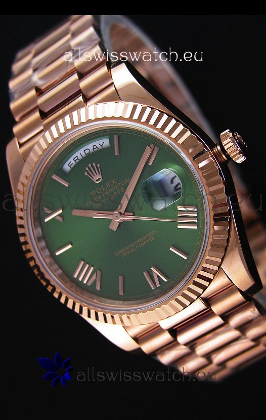 Rolex Day Date Japanese Replica Watch - Rose Gold Casing in Green Dial 40MM