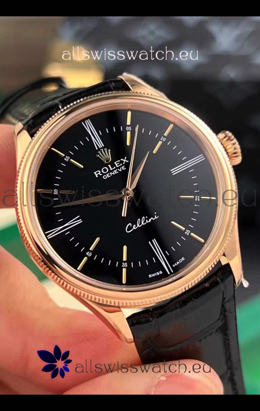 Rolex Cellini Date Ref#50505 Replica 1:1 Mirror Rose Gold Steel Black Dial Watch 