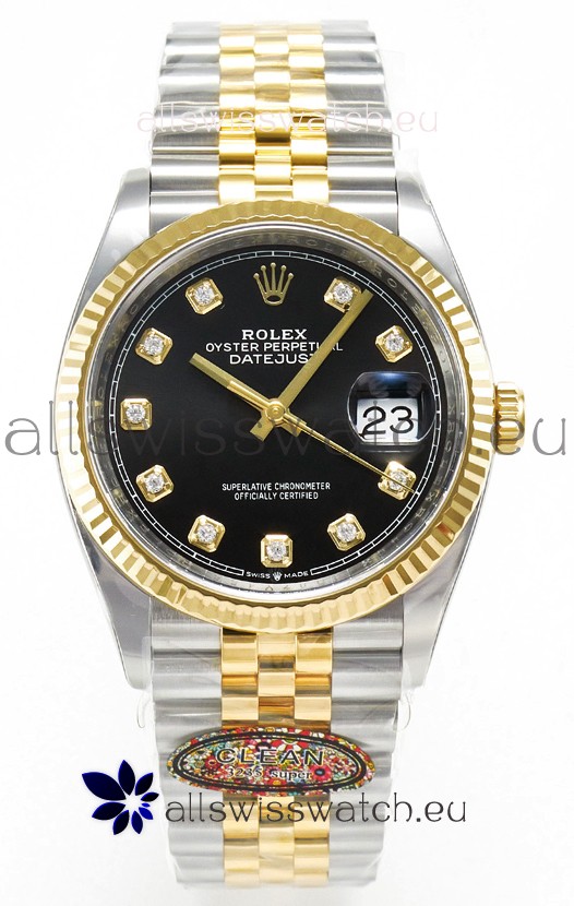 Rolex Super Clone Datejust ETA 3235 Movement 36MM Two Tone Yellow Gold Swiss Black Dial Watch