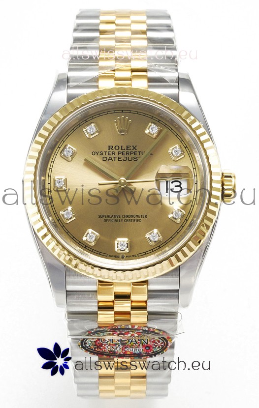 Rolex Super Clone Datejust ETA 3235 Movement 36MM Two Tone Yellow Gold Swiss Gold Dial