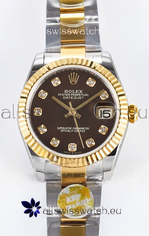 Rolex Super Clone Datejust ETA 2688 Movement 31MM Two Tone Yellow Gold Swiss Brown Dial