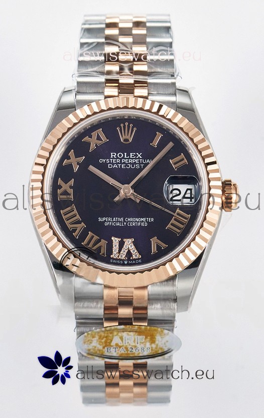 Rolex Super Clone Datejust ETA 2688 Movement 31MM Two Tone Rose Gold Swiss Purple Dial
