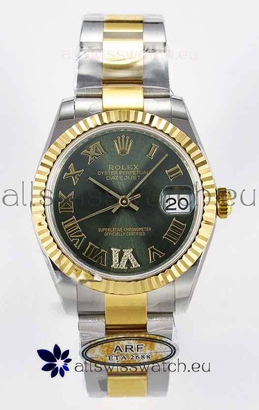 Rolex Super Clone Datejust ETA 2688 Movement 31MM Two Tone Yellow Gold Swiss Green Dial 