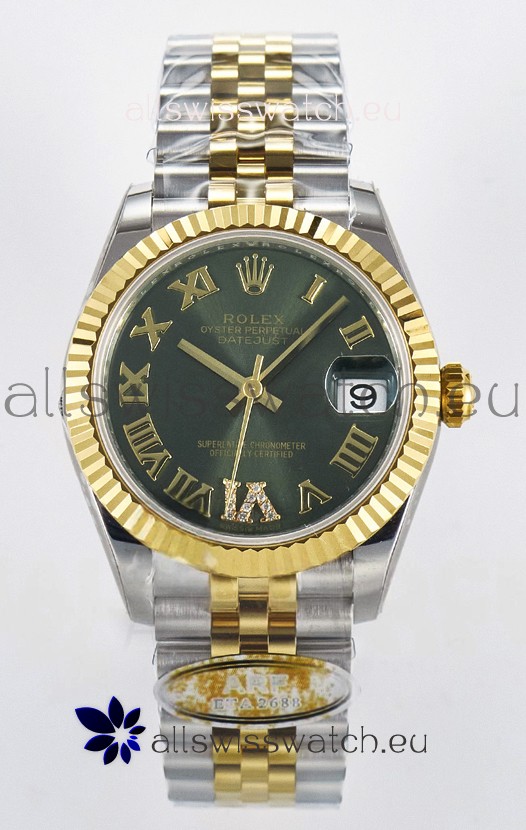 Rolex Super Clone Datejust ETA 2688 Movement 31MM Two Tone Yellow Gold Swiss Green Dial 