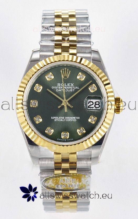 Rolex Super Clone Datejust ETA 2688 Movement 31MM Two Tone Yellow Gold Swiss Green Dial 