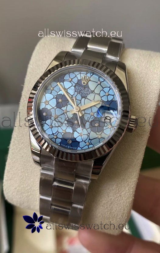 Rolex Datejust Ladies 31MM Cal.3135 Movement Swiss Replica Blue Motif Oyster Strap in 904L Steel Casing