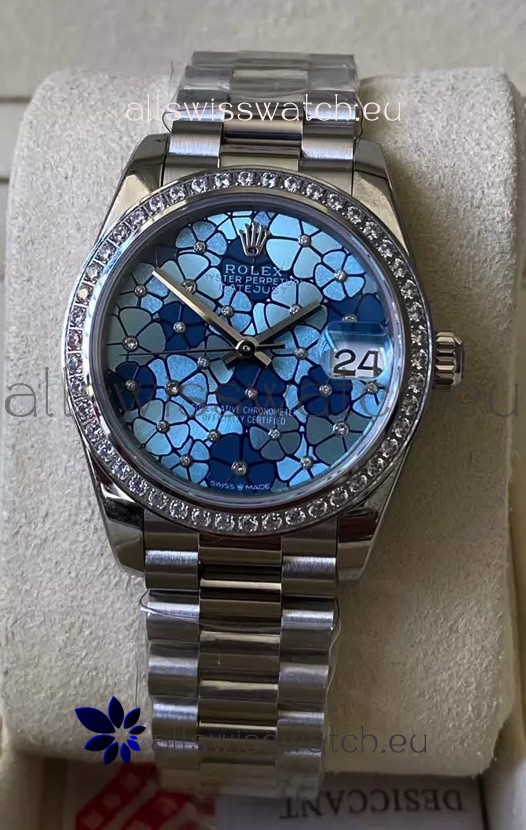 Rolex Datejust Ladies 31MM Cal.3135 Movement Swiss Replica Blue Motif Diamonds Bezel in 904L Steel Casing