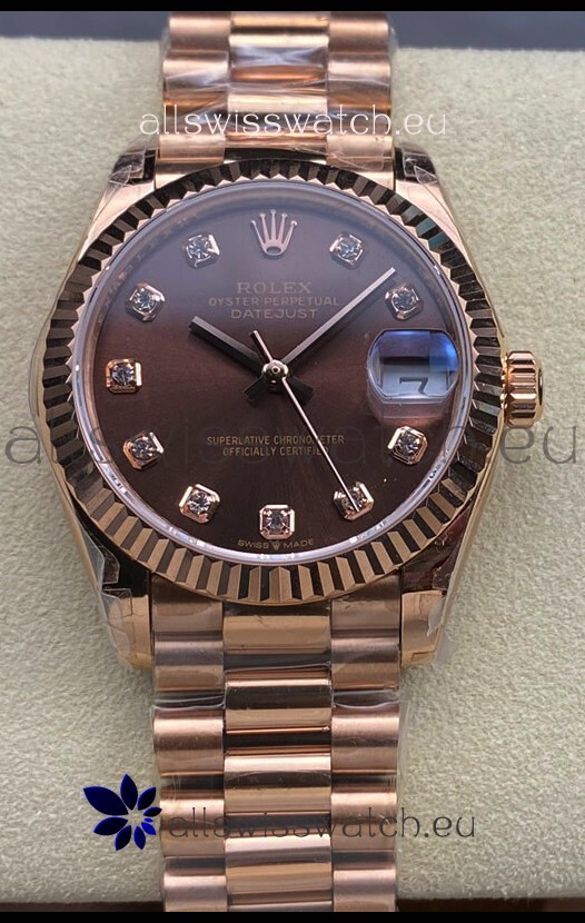 Rolex Datejust 31MM Swiss Watch in 904L Steel Rose Gold Chocolate Dial 1:1 Mirror Replica