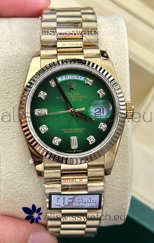 Rolex Day Date Super Clone 18K Yellow Gold Watch 36MM - Green Dial 1:1 Mirror Replica Watch 