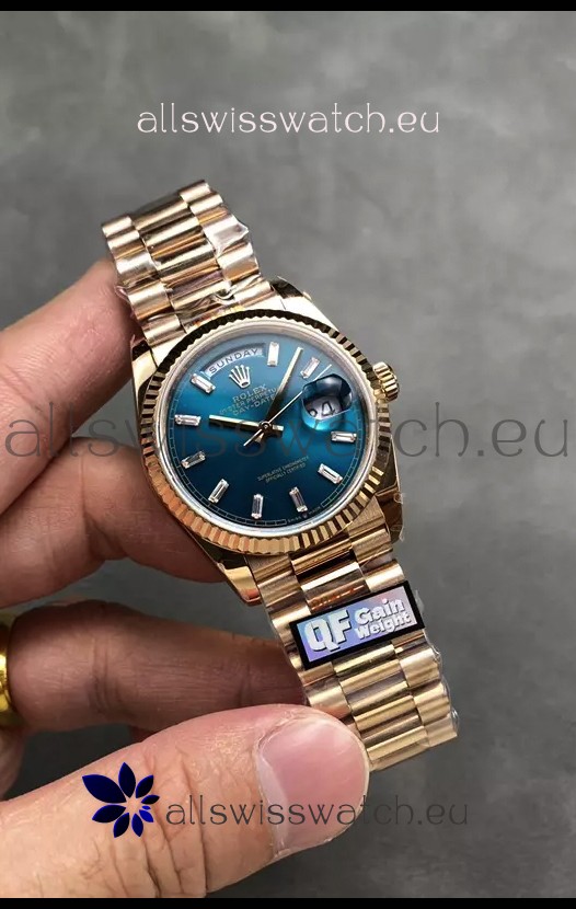 Rolex Day Date Super Clone Rose Gold Blue Dial Crystal Numerals Watch 36MM - 1:1 Mirror Quality