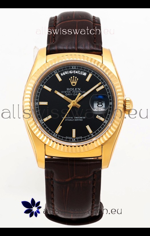 Rolex Day Date Yellow Gold 904L Steel Casing Watch in Black Dial 36MM - 1:1 Mirror Quality