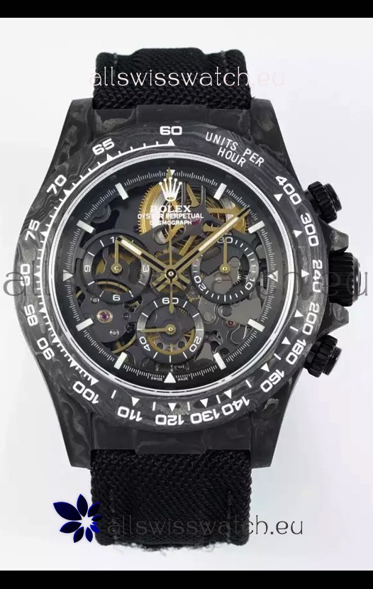 Rolex Daytona Super Clone DiW Skeleton Carbon Edition Watch - Forged Carbon Casing Black Strap 1:1 Mirror Replica