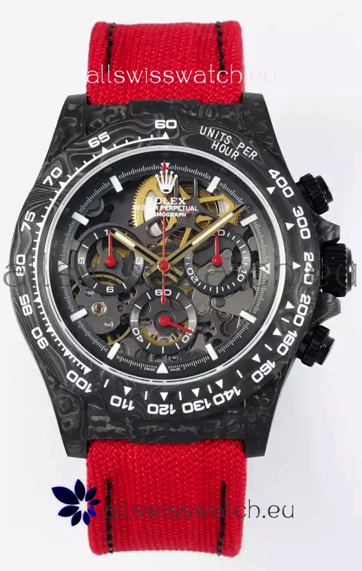 Rolex Daytona Super Clone DiW Skeleton Carbon Edition Watch - Forged Carbon Casing Red Strap 1:1 Mirror Replica