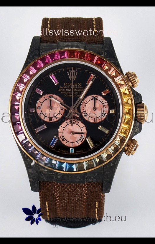 Rolex Daytona Super Clone DiW Carbon Edition Rainbow Bezel - Forged Carbon Casing Khaki Strap 1:1 Mirror Replica