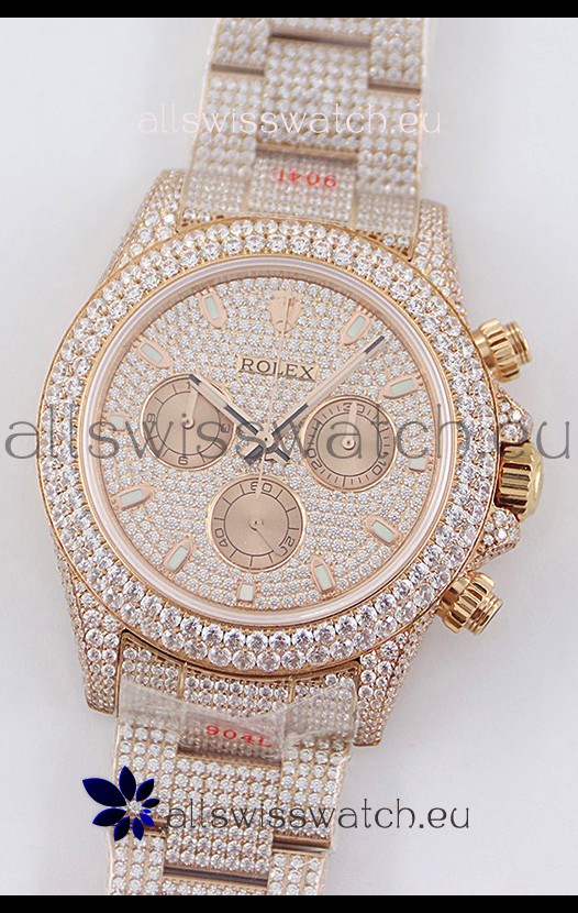 Rolex Cosmograph Daytona Rose Gold ICED OUT Cal.4130 Movement - 904L Steel Watch