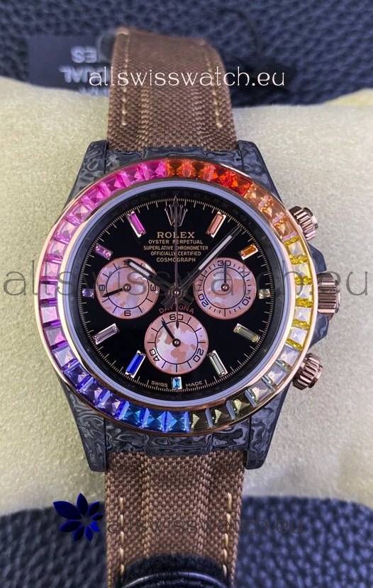 Rolex Daytona DiW Carbon Edition Rainbow Bezel - Forged Carbon Casing Khaki Strap 1:1 Mirror Replica