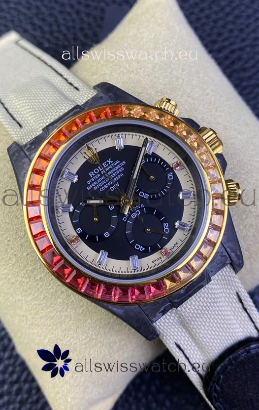 Rolex Daytona DiW Carbon Edition Rainbow Bezel - Forged Carbon Casing Beige Strap 1:1 Mirror Replica