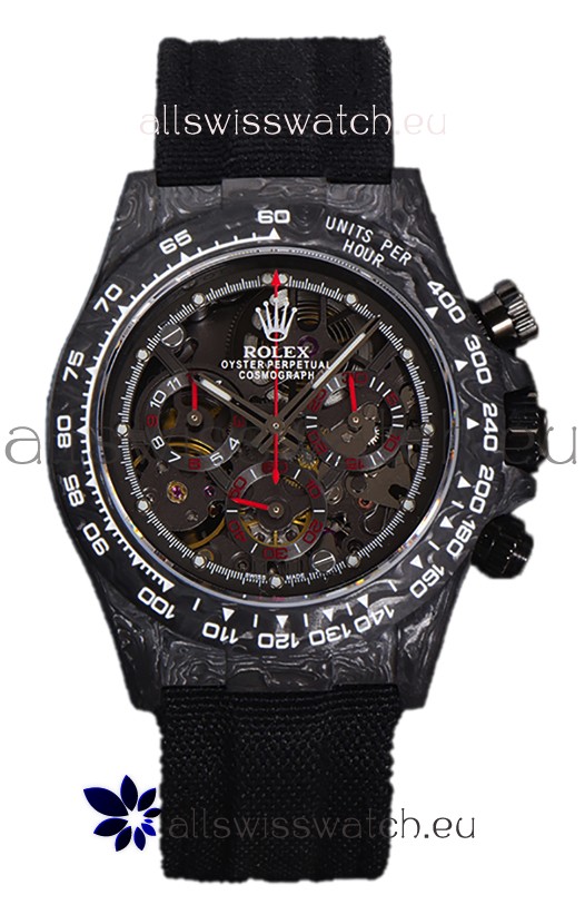 Rolex Daytona DiW Skeleton Carbon Edition Watch - Forged Carbon Casing Black Strap 1:1 Mirror Replica