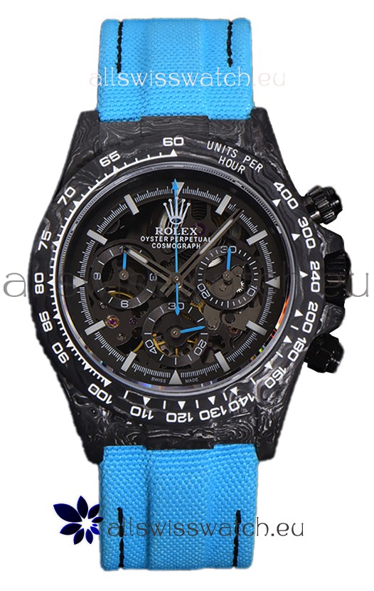 Rolex Daytona DiW Skeleton Carbon Edition Watch - Forged Carbon Casing Blue Strap 1:1 Mirror Replica
