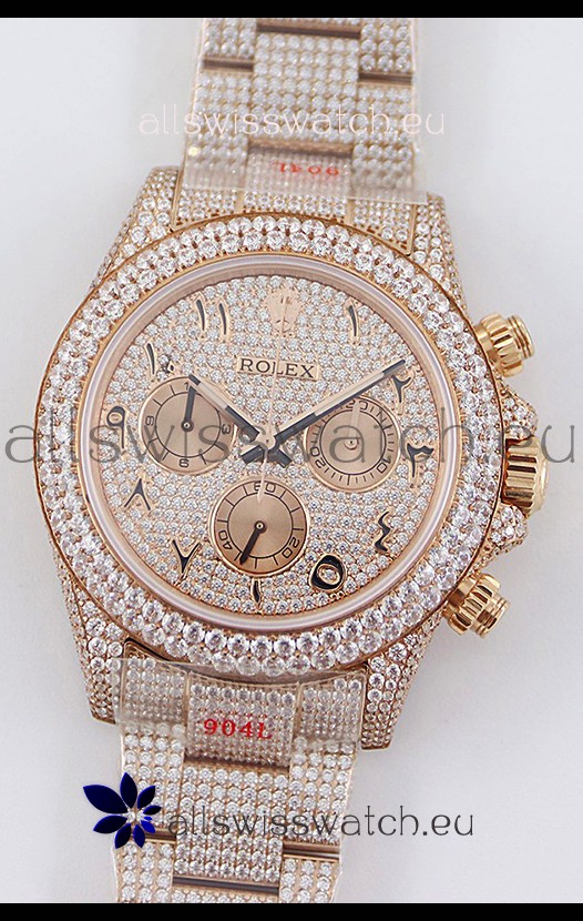Rolex Cosmograph Daytona Rose Gold ICED OUT Cal.4130 Movement - 904L Steel Watch