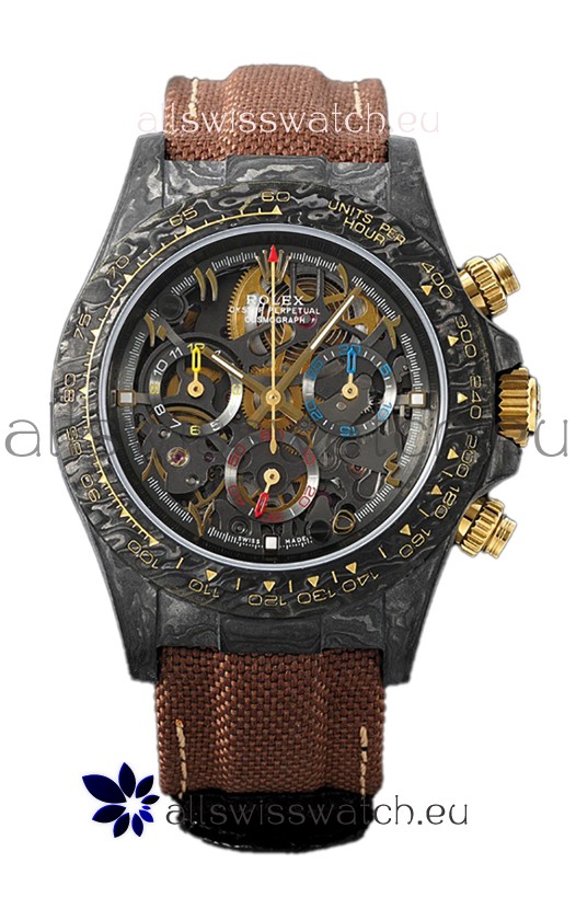 Rolex Daytona DiW Skeleton Carbon Edition Watch - Forged Carbon Casing Brown Strap 1:1 Mirror Replica