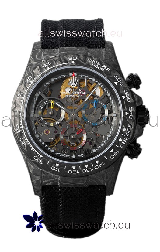 Rolex Daytona DiW Skeleton Carbon Edition Watch - Forged Carbon Casing Black Strap 1:1 Mirror Replica
