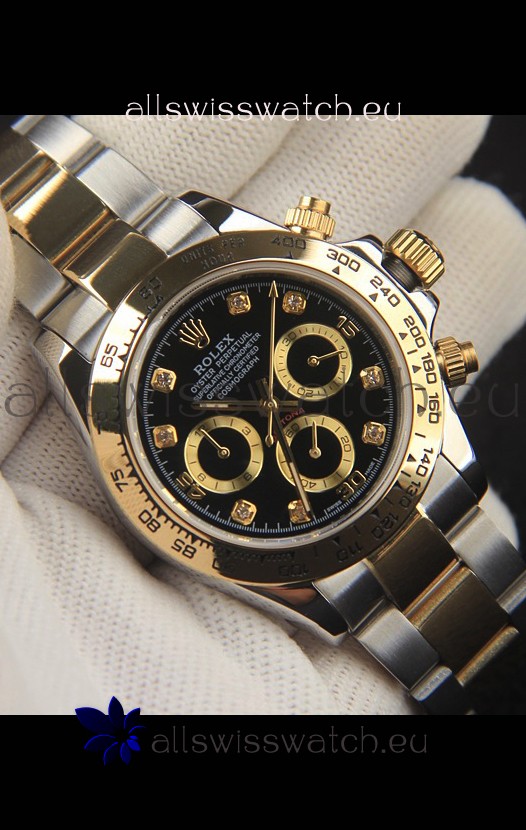 Rolex Daytona Japanese Movement Two Tone Gold Casing Watch in Black Dial 