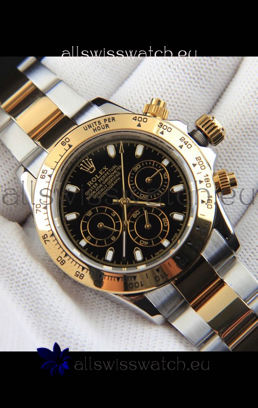 Rolex Daytona Japanese Movement Two Tone Gold Casing Watch in Black Dial 