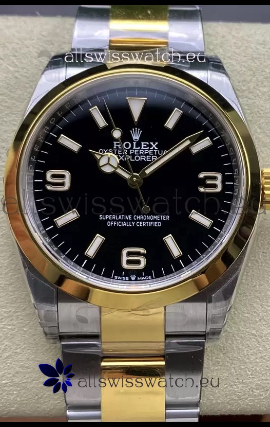 Rolex Explorer I Black Dial - Yellow Gold on Steel in 3230 Swiss Automatic Movement