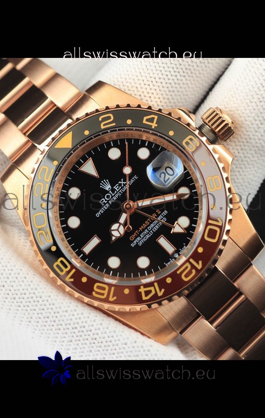 Rolex GMT Masters II Rose Gold Plating Japanese Replica Watch Black Dial