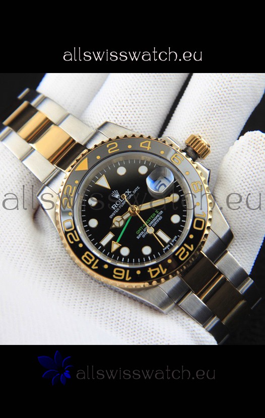 Rolex GMT Masters II 2 Tone Rose Gold Plating Japanese Replica Watch Black Dial