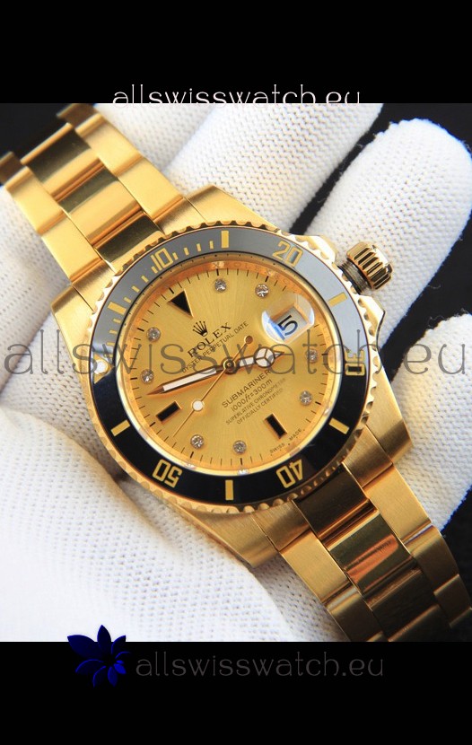 Rolex Submariner Japanese Replica Watch in Yellow Gold Casing Black Bezel