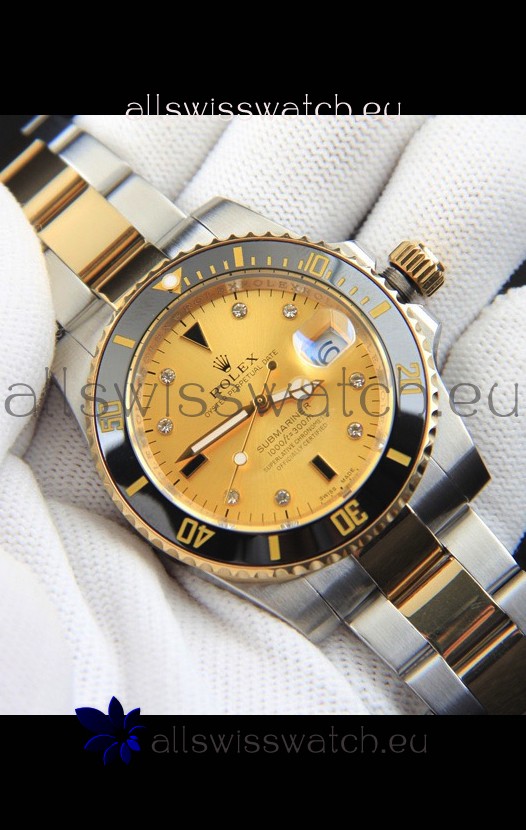 Rolex Submariner Japanese Replica Watch in 2 Tone Yellow Gold Casing Gold Dial 