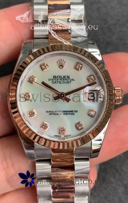 Rolex Datejust 31MM ETA-2671 Movement Swiss Replica in 904L Steel in Pearl Dial Oyster Strap