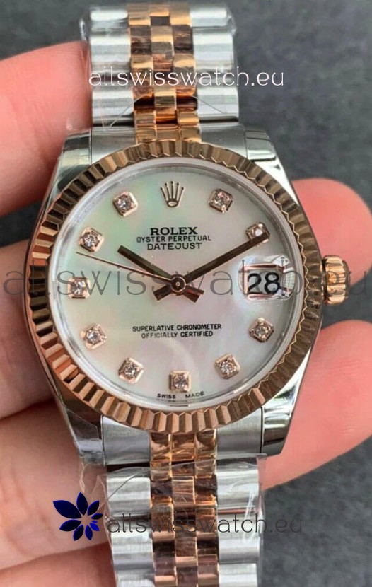 Rolex Datejust 31MM ETA-2671 Movement Swiss Replica in 904L Two Tone Rose Gold in Pearl Dial