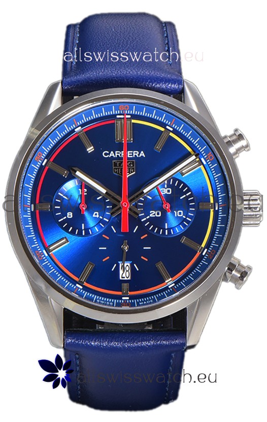 Tag Heuer Carrera Swiss Quartz Movement Replica Watch in Blue Dial - Blue Leather Strap