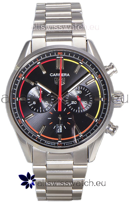 Tag Heuer Carrera Chronograph 42 Swiss Quartz Replica Watch Black Dial Steel Strap 