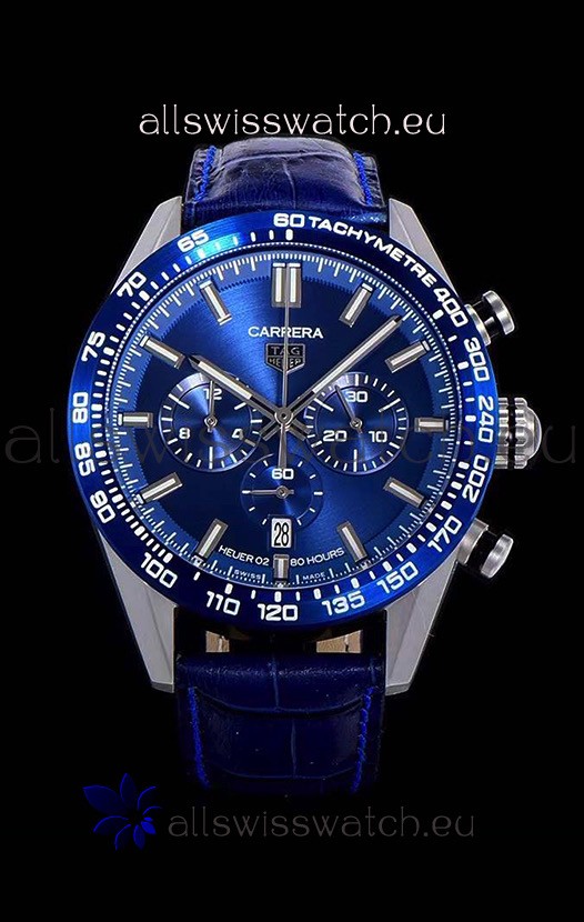 Tag Heuer Carrera Swiss Quartz Movement Replica Watch in Blue Dial - Blue Leather Strap