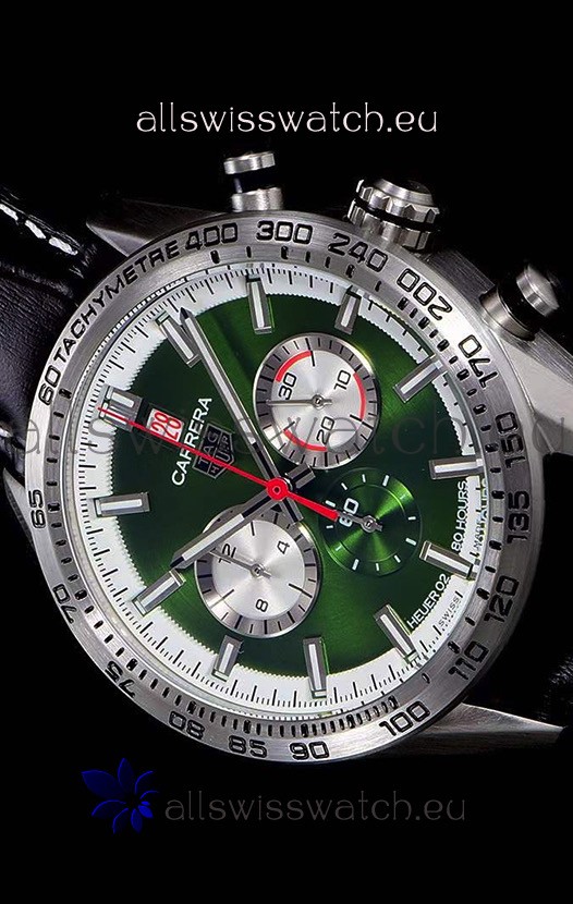 Tag Heuer Carrera Swiss Quartz Movement Replica Watch in Green Dial - Black Leather Strap