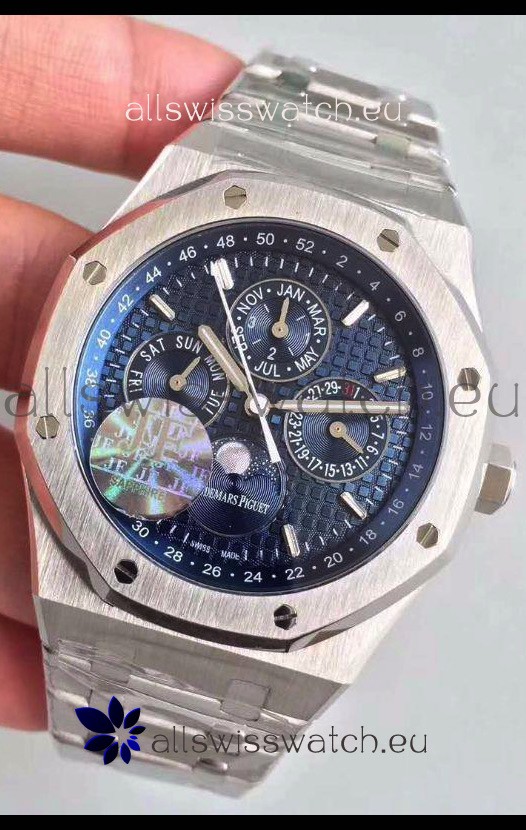 Audemars Piguet Royal Oak Perpetual Calendar Swiss Replica Steel Casing Watch in Blue Dial 