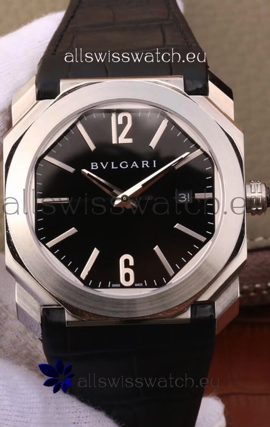 Bvlgari Octo Roma Edition 1:1 Mirror Replica in 904L Steel Casing - Black Dial Leather Strap