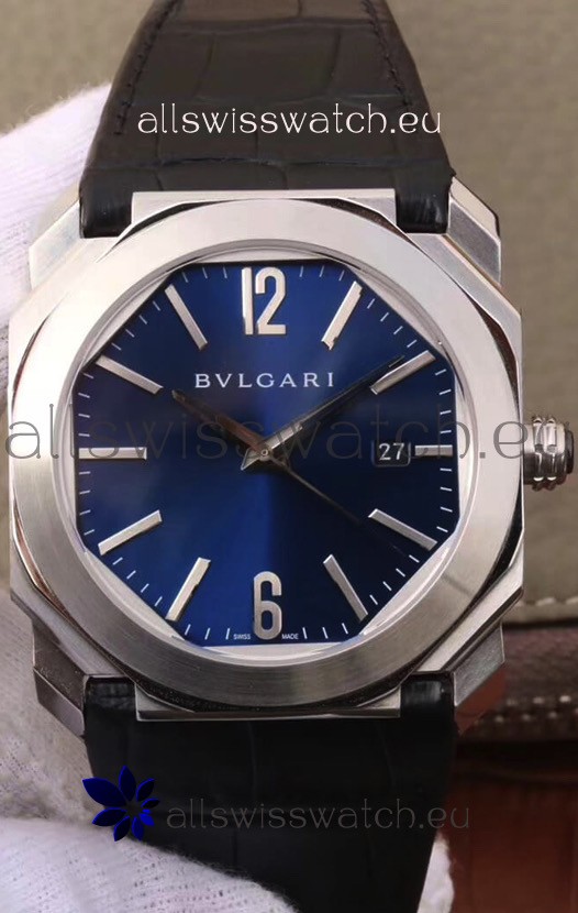 Bvlgari Octo Roma Edition 1:1 Mirror Replica in 904L Steel Casing - Deep Blue Dial Leather Strap