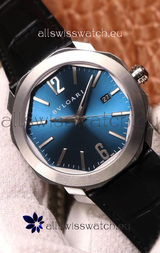 Bvlgari Octo Roma Edition 1:1 Mirror Replica in 904L Steel Casing - Steel Blue Dial Leather Strap