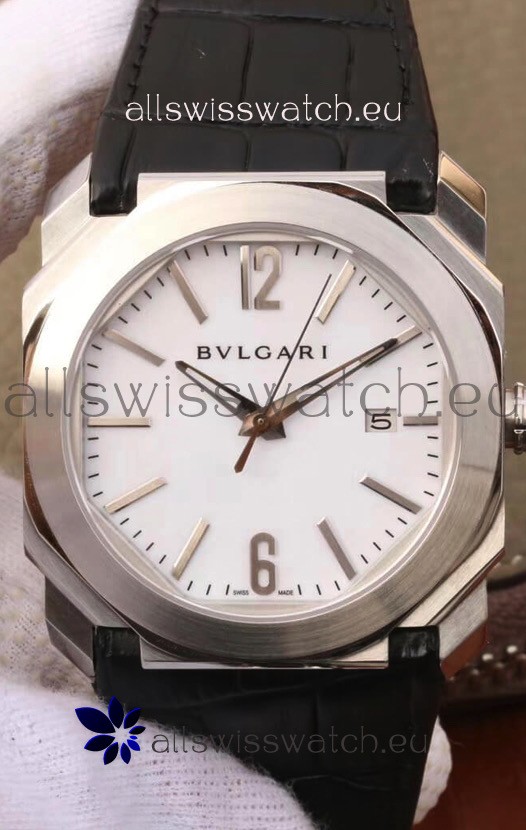 Bvlgari Octo Roma Edition 1:1 Mirror Replica in 904L Steel Casing - White Dial Leather Strap